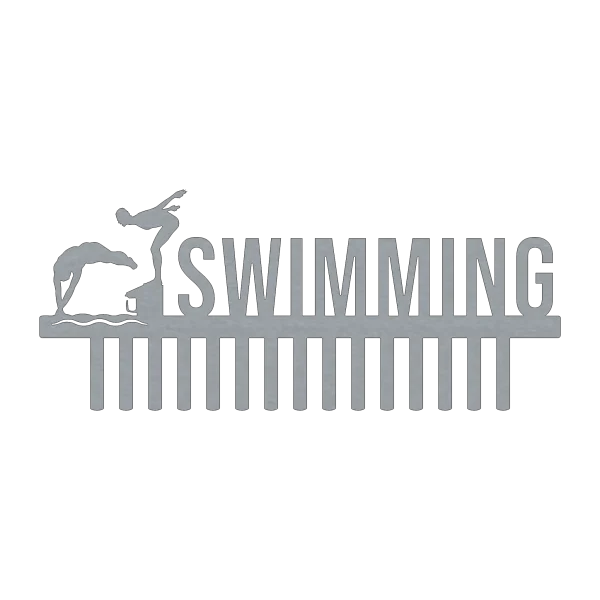 Steel medal holder featuring the word 'SWIMMING' with two male swimmers in dive positions on the left, and 16 hooks below for hanging medals. Made of raw steel with a precise laser-cut design.